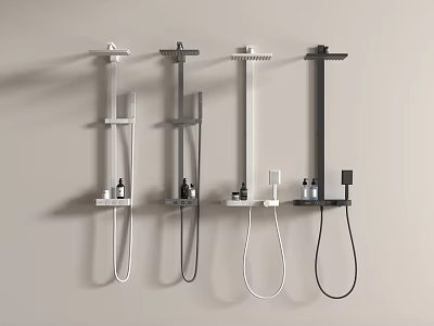 Wall Mounted White And Black Shower Systems With Handheld Overhead Showers Shelves And Bath Products 3d model