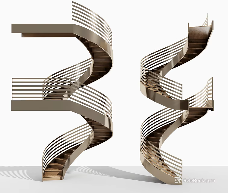 Elegant Modern Spiral Staircase Design With Metal Railings And Wooden Steps 3d model 