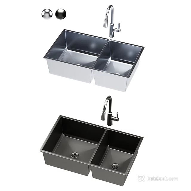 Stainless Steel and Black Double Bowl Kitchen Sinks with Modern Faucet Design 3d model 
