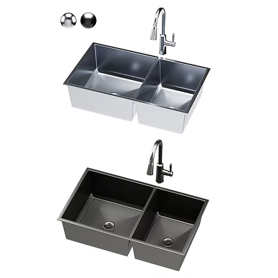 Stainless Steel and Black Double Bowl Kitchen Sinks with Modern Faucet Design 3d model