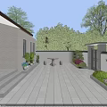 Modern Courtyard Garden Landscape With Stone Pavement Green Plants Outdoor Table Chairs And Flower Beds