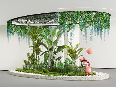 Circular Indoor Landscape Featuring Hanging Vines Palm Trees Green Plants White Pebbles And Pink Pig 3d model