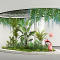 Circular Indoor Landscape Featuring Hanging Vines Palm Trees Green Plants White Pebbles And Pink Pig