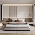 Modern Minimalist Bedroom Interior With Upholstered Headboard Nightstands And Floor to Ceiling Curtains