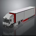 White Cab Truck With Red Sided White Trailer And Ladders On Reflective Surface