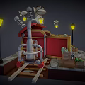 Cartoon Small Shop Scene With Stone Path Street Lamps Hanging Lanterns And Shelf Items