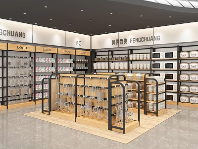 Retail Store Display Shelves Showcasing Glassware And Home Appliances In Organized Layout 3d model