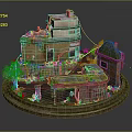 Miniature Vintage Buildings with Brick Yellow Walls Moss Covered Roofs Small Structures and Greenery