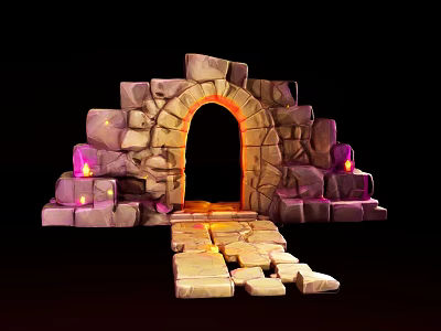 Cartoon Scene of Ancient Stone Archway With Glowing Light Purple Flames and Stone Path 3d model