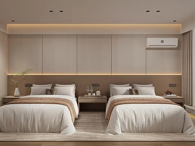 Modern Minimalist Hotel Guest Room With Two Beds Light Wood Panel Headboard And Ambient Lighting 3d model