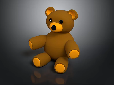 Brown Teddy Bear with Yellow Ears Nose and Paws Sitting on Black Background with Reflection 3d model