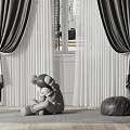 Gray Curtains With White Sheer Panels Hanging By Window On White Walls