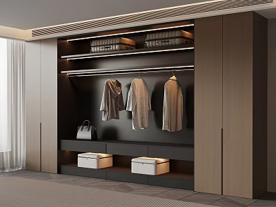 Modern Wardrobe Interior Design With Hanging Clothes Folded Clothes And Storage Boxes 3d model