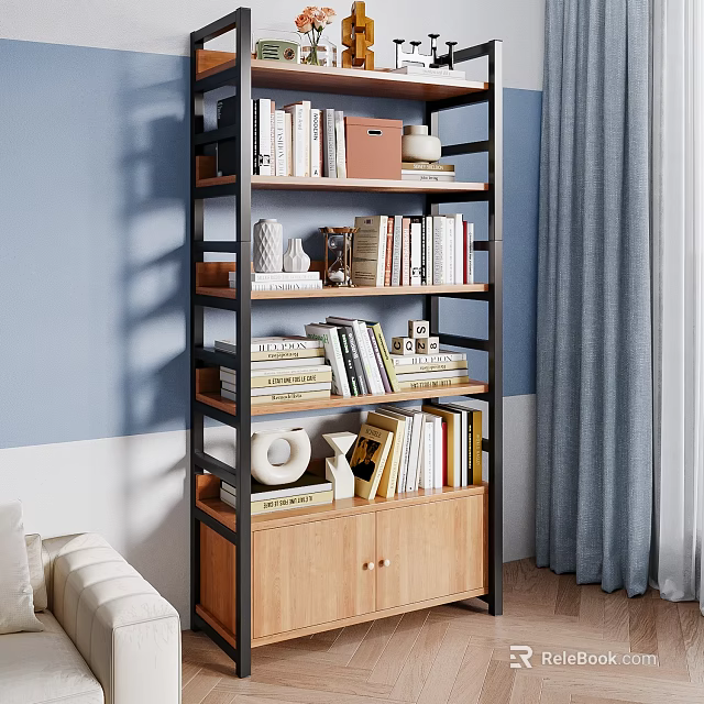 Modern Minimalist Bookcase With Multi Tiered Shelves Books Decorative Items Blue Wall And Gray Curtains 3d model 