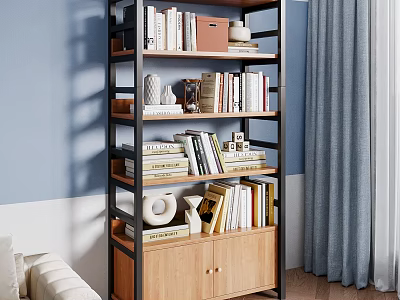 Modern Minimalist Bookcase With Multi Tiered Shelves Books Decorative Items Blue Wall And Gray Curtains 3d model