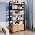 Modern Minimalist Bookcase With Multi Tiered Shelves Books Decorative Items Blue Wall And Gray Curtains