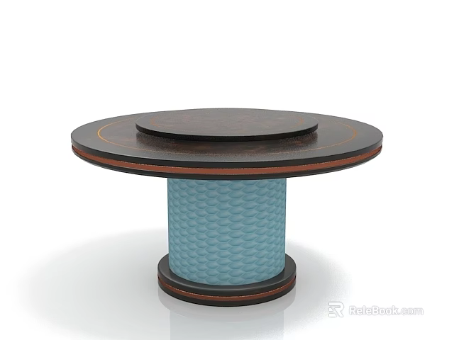 Stylish Round Dining Table with Dark Wooden Top and Blue Wavy Pattern Base 3d model