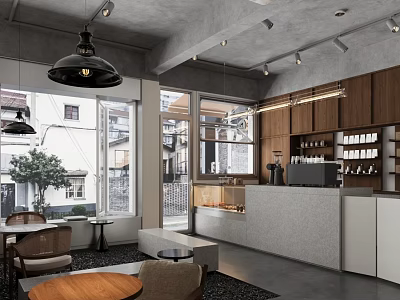 Modern Industrial Café Interior With Large Windows Wooden Bar And Pendant Lights 3d model