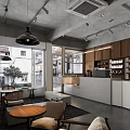 Modern Industrial Café Interior With Large Windows Wooden Bar And Pendant Lights