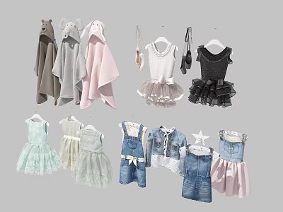 Cute Children's Clothes Collection With Hooded Capes Tulle Dresses Denim Overalls And Lace Skirts 3d model
