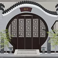 Chinese Traditional Circular Door Arch with Tile Roof Red Plaque Carved Design and Bamboo Plants