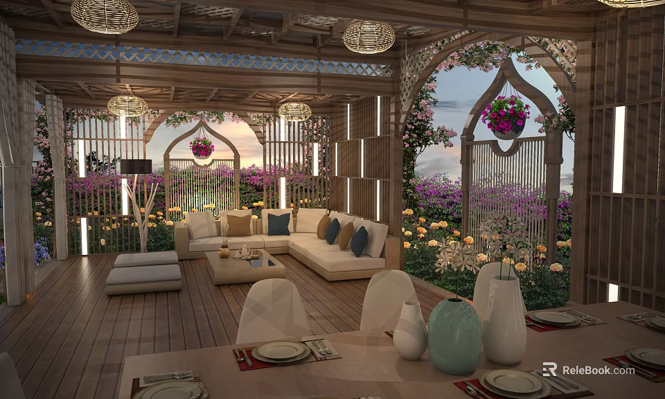 Serene Rooftop Garden Design With Wooden Structure Sofa Dining Table And Hanging Lights 3d model 