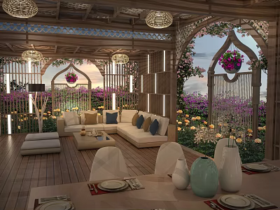 Serene Rooftop Garden Design With Wooden Structure Sofa Dining Table And Hanging Lights 3d model