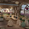 Serene Rooftop Garden Design With Wooden Structure Sofa Dining Table And Hanging Lights