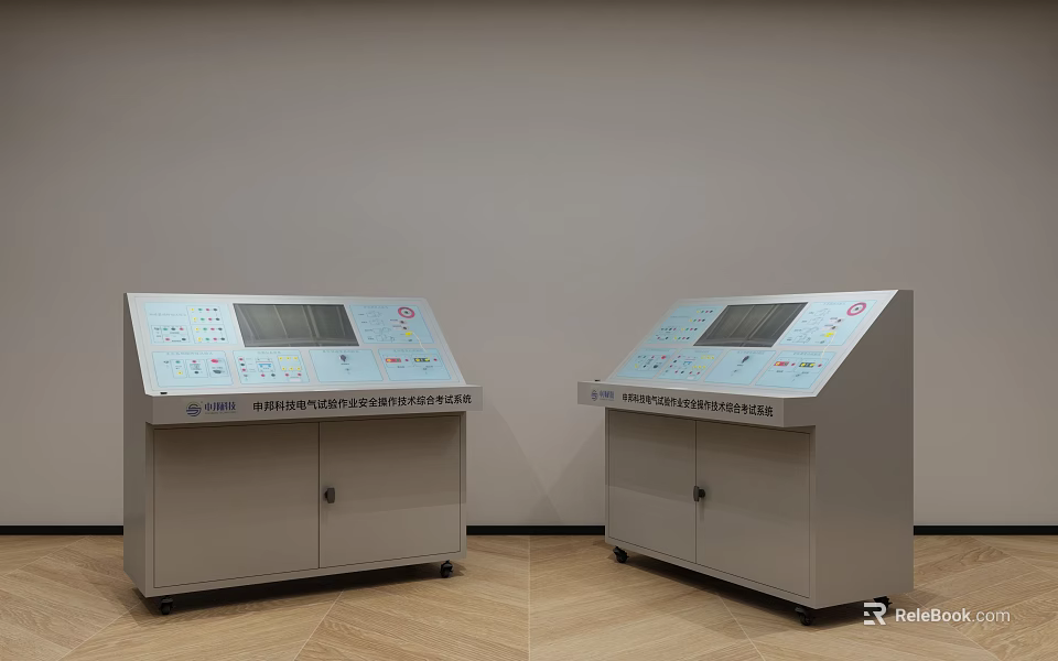 Dual Industrial Control Cabinets With Display Screens Control Buttons And Cabinet Doors 3d model 