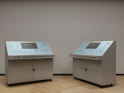 Dual Industrial Control Cabinets With Display Screens Control Buttons And Cabinet Doors 3d model
