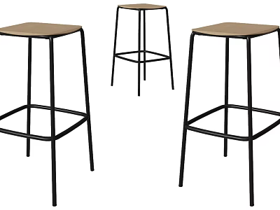 Modern Minimalist Bar Stools With Wooden Top And Black Metal Frame Design 3d model