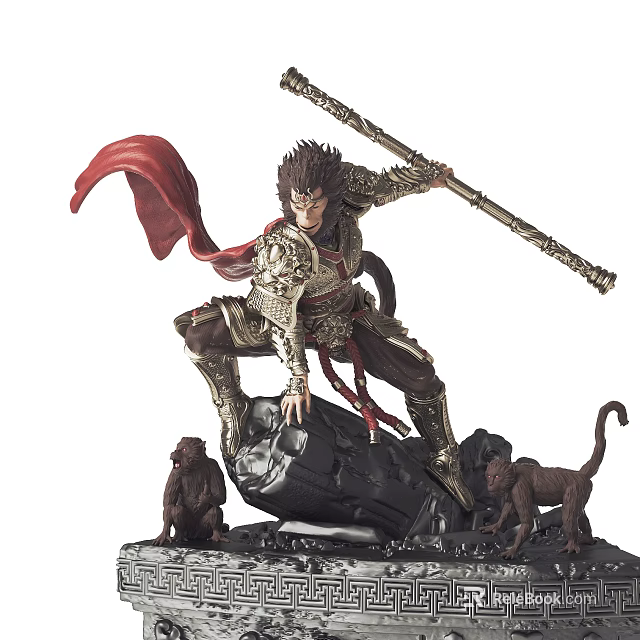 Monkey King Decorative Figurine Set with Golden Staff Red Cape and Baby Monkeys 3d model 