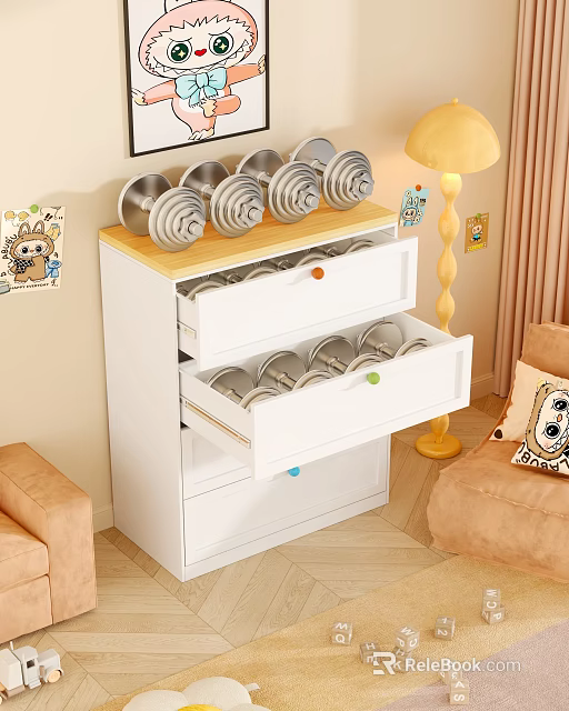 White Chest of Drawers with Open Drawers and Stacked Plates in Living Room 3d model 