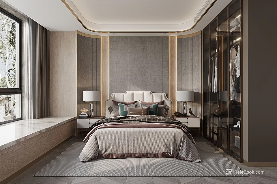Elegant Modern Bedroom Interior With Wooden Panel Walls Upholstered Headboard And Glass Wardrobe 3d model 