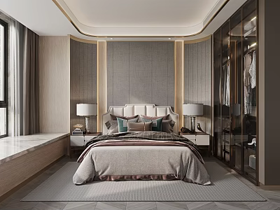 Elegant Modern Bedroom Interior With Wooden Panel Walls Upholstered Headboard And Glass Wardrobe 3d model