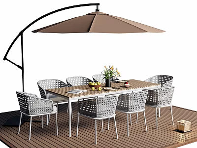Modern Outdoor Dining Set With Wooden Table Rattan Chairs And Umbrella On Deck 3d model