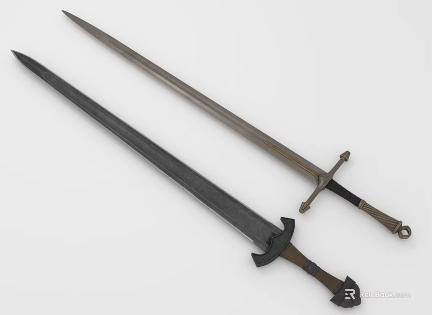 Two Different Medieval Swords With Black And Silver Blades And Decorative Hilts 3d model 