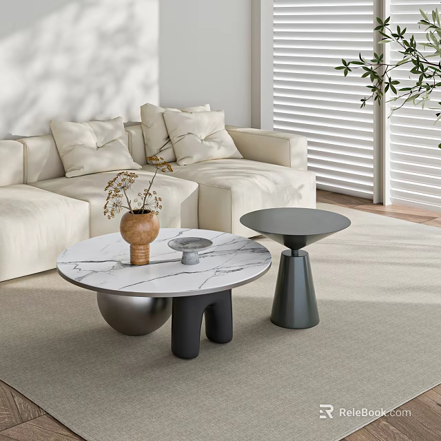 Marble Coffee Table With Black Base Alongside Beige Sofa Small Side Table And Green Plant 3d model