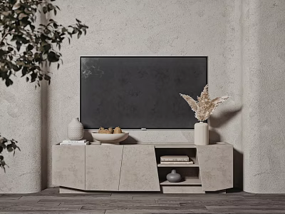 Modern Light Gray TV Stand With TV Dried Plants Fruit Bowl And Textured Wall 3d model