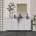 White Entryway Console Table With Decorative Items Green Plants And Geometric Wall 3d model