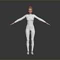 Woman in white long sleeve top and pants posing with arms outstretched on gray background