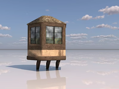 Ancient Architecture Structure With Wooden Frame Glass Windows Tiled Roof Supporting Legs Blue Sky Background 3d model