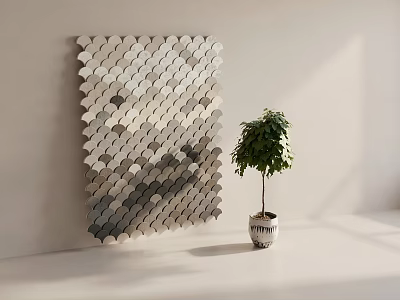 Modern Minimalist Background Wall With Scalloped Gray White Gradient Pattern And Potted Green Plant 3d model