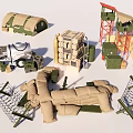 Tactical Weapon And Military Gear With Tent Watchtower Sandbags Ammunition Boxes And Barbed Wire