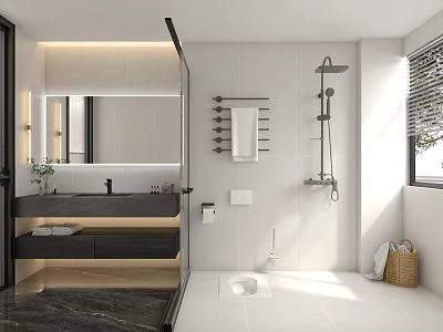 Modern Bathroom With Vanity Large Mirror And Shower Area 3d model