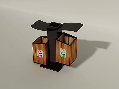 Two Wooden Recycling Storage Lockers With Symbols On Black Stand 3d model