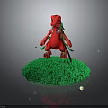 Red Cartoon Dinosaur Standing On Green Grass With Small Yellow Flowers And Falling Petals