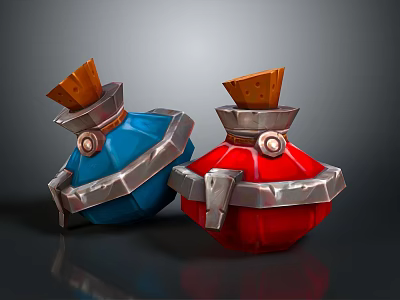 Two Blue And Red Medical Device Containers With Metal Trim And Wooden Tops 3d model