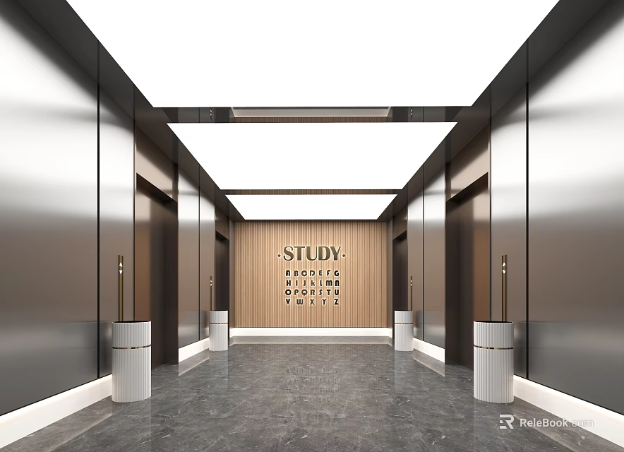 Modern Elevator Lobby Interior With Marble Flooring And Ceiling Lights 3d model 