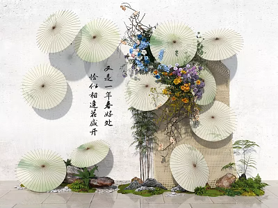 Floral Art Installation Featuring Circular Paper Fans Blue Purple Flowers Green Plants And Stones 3d model